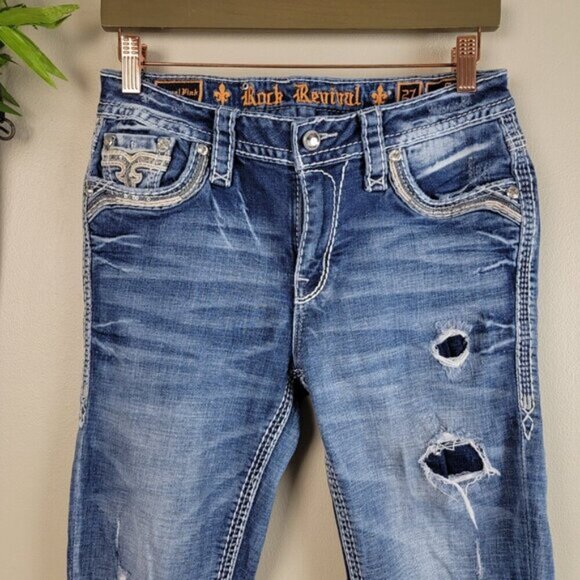 Rock Revival Vitual Pink Mid Rise Straight Patch Distressed Medium Wash Jeans 27 - Picture 7 of 16